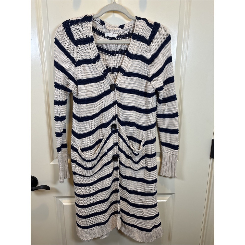 Easel Anthropologie Boho Navy Cream Striped Cardigan Button Sweater Women M/L